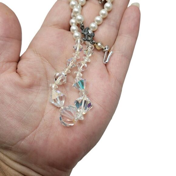 Vintage 50s AB Crystals Faux Pearl Choker Necklace Clear Aurora Borealis Japan - Picture 3 of 11